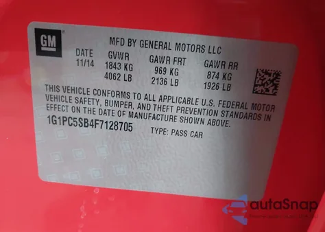 2015 Chevrolet Cruze 1Lt Auto z USA, uszkodzony, nr VIN 1G1PC5SB4F7128705